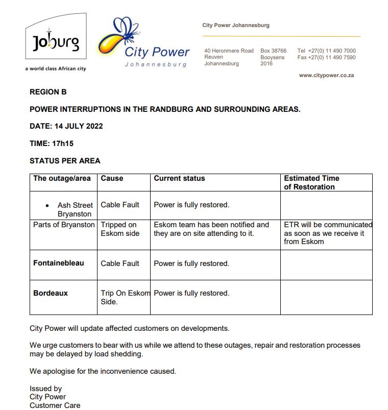 CityPowerJhb's tweet photo. #RabdburgOutages

#BryanstonUpdate

^DR https://t.co/GD4W5TVbXe