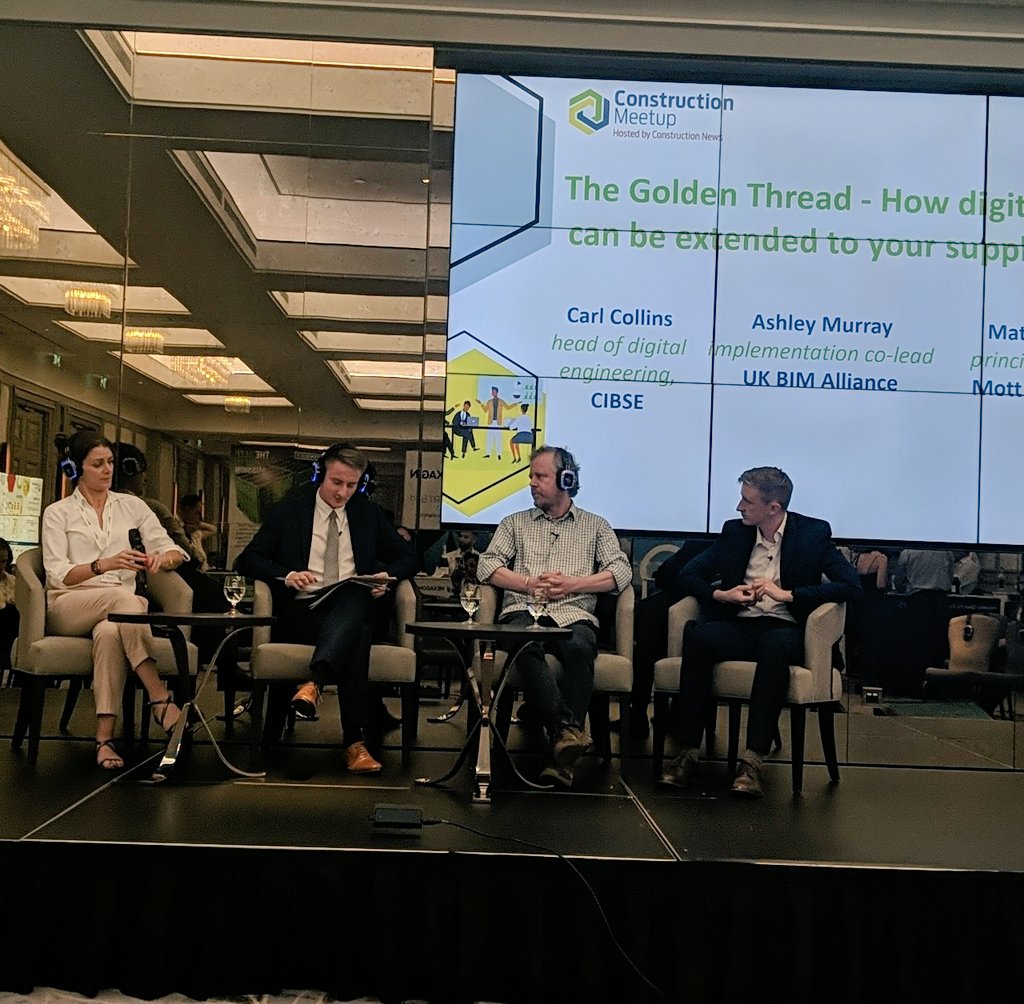The final presentation is now taking place with Matthew Lane, principal engineer <a href="/MottMacDonald/">Mott MacDonald</a>, Ashley Murray, implementation co-lead @UKBIMAlliance and Carl Collins, head of digital engineering <a href="/CIBSE/">CIBSE</a>, about The Golden Thread.

#digitalisation #cnmeetup #constructionmeetup