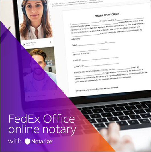 FedExOffice's tweet image. Great news! You can stop chasing down a #notary, because our new 24/7 online notary service is here. Get all your important legal documents #notarized on your tablet or smartphone with Notarize℠ at.van.fedex.com/6018b4xFr