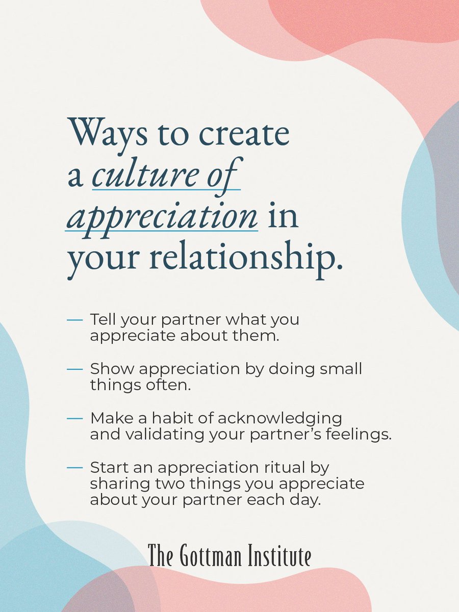GottmanInst's tweet photo. Appreciation for your partner is a cornerstone for building a culture of respect in your relationship. @MovePastDivorce shares 4 ways to show appreciation on the #GottmanRelationshipBlog https://t.co/w2Y7MA7IxW https://t.co/T410fsvFYg