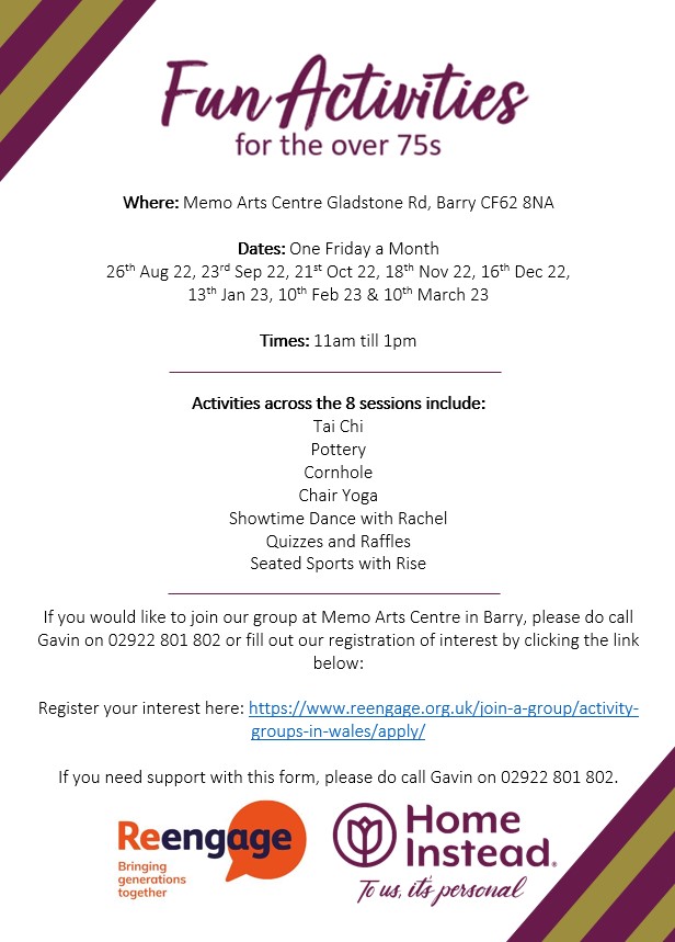 Vale Sports Team||Tim Chwaraeon y Fro (@valesportsteam1) on Twitter photo Aged 75+ living in Barry? Take a look at the activities
<a href="/reengageuk/">Re-engage</a> and <a href="/HI_Cardiff/">Home Instead Cardiff, Penarth and Barry</a> have on offer starting in August!
.
.
.
75+ oed yn byw yn y Barri? Edrychwch ar y gweithgareddau sydd gan Ail-ymgysylltu a Chartref yn lle Caerdydd ar gael gan ddechrau ym mis Awst! Aged 75+ living in Barry? Take a look at the activities
<a href="/reengageuk/">Re-engage</a> and <a href="/HI_Cardiff/">Home Instead Cardiff, Penarth and Barry</a> have on offer starting in August!
.
.
.
75+ oed yn byw yn y Barri? Edrychwch ar y gweithgareddau sydd gan Ail-ymgysylltu a Chartref yn lle Caerdydd ar gael gan ddechrau ym mis Awst!