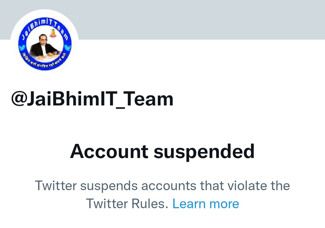 Hey, @TwitterIndia please unsuspend @JaiBhimIT_Team twitter account as soon as possible. This account always raise the voice of the voiceless.

@TwitterSupport @Twitter 

#Unsuspend_JaiBhimIT_Team