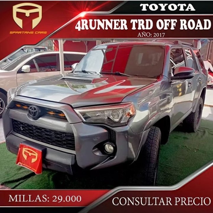 Marca: Toyota 
Modelo: 4 Runner TRD
Año: 2017 
Transmisión: Automática  Kilometraje: 29.000 
Color: Gris
Único dueño: 2-1 A/A: Si. Detalles de mecánica:No Detalles de tapicería: No Detalles de pintura: No Ubicación: Caracas
#Caracas #Venezuela #Toyota #Compras #Ventas #Carros