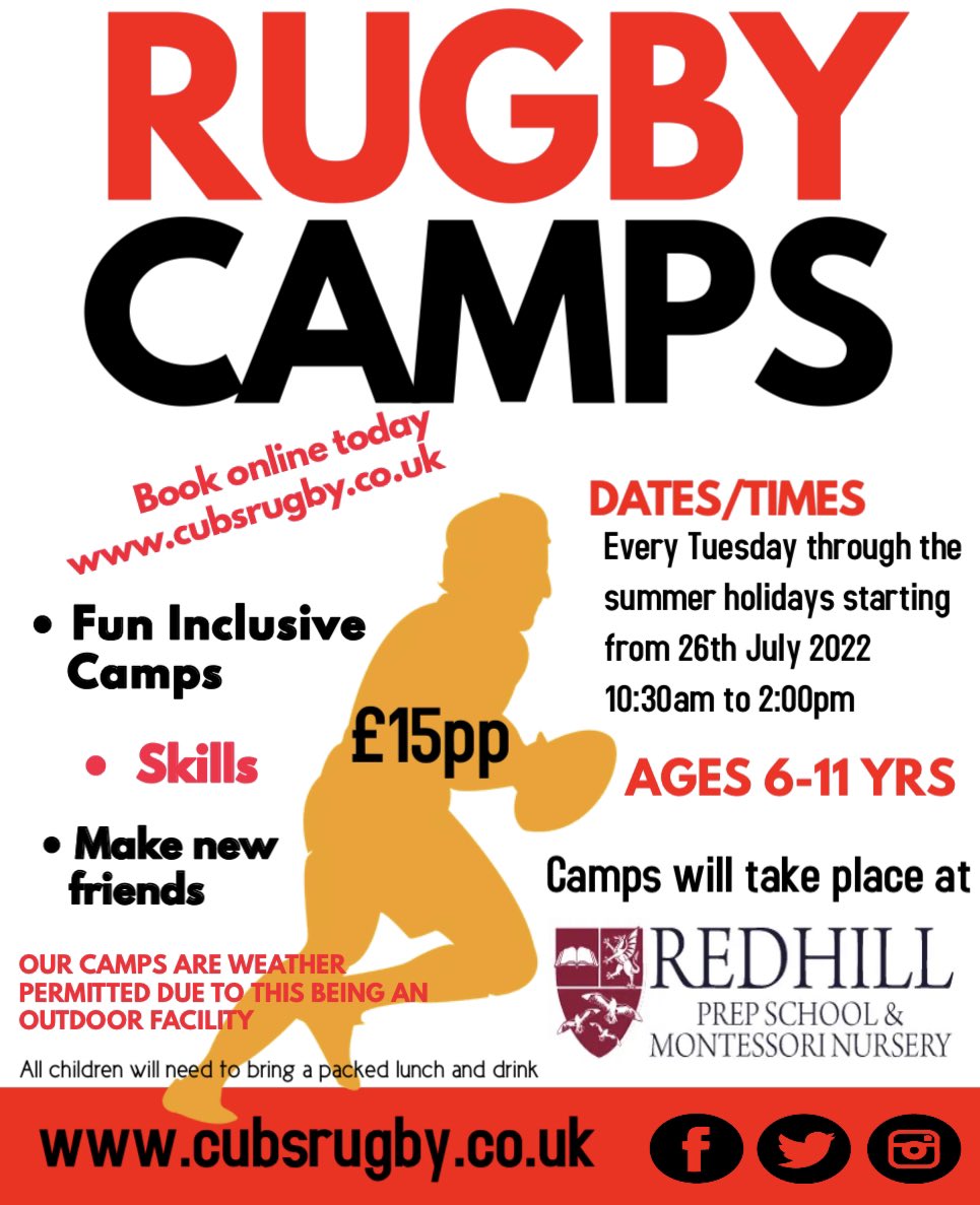 cubsrugby1's tweet image. 🦁 Exciting news our Rugby camps are now available to book 🦁 
Be quick, don’t miss out, limited spaces 
cubsrugby.co.uk @PrepRedhill #rugbyfun #rugbyfamily