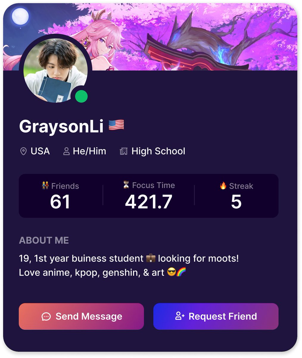 GraysonLi3's tweet photo. @cogumeilos Yooo!!! I really like ur acc, add me on Studvyerse so we can be moots 🌸✨

here’s my Studyverse profile 😎
https://t.co/not06X4P8t https://t.co/VkXy9BPuZy