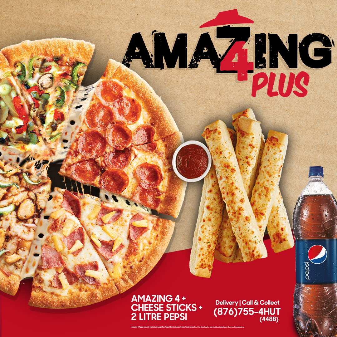 PizzaHutJm's tweet photo. NEW DEAL ALERT 🚨 

 Get the same delicious Amazing 4 pizza you love + a family serving of cheese sticks + a 2L pepsi! 🥳🍕😍

Available for a limited time only. Grab your Amazing 4+ today! 🤩

#Amazing4Plus #SummeratTheHut #NowThatsDelivering #AmazingGoodness #ForthrLoveofPizza https://t.co/PKIjLgo6NY
