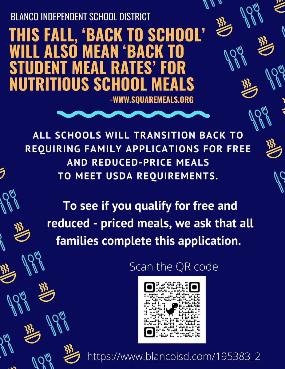 All Blanco ISD families are encouraged to complete this application. 
 You can find the free and reduced lunch application at blancoisd.com/195383_2
To complete the application online click here - family.titank12.com/?lang=English
For questions, please contact lisa.horton@blancoisd.org