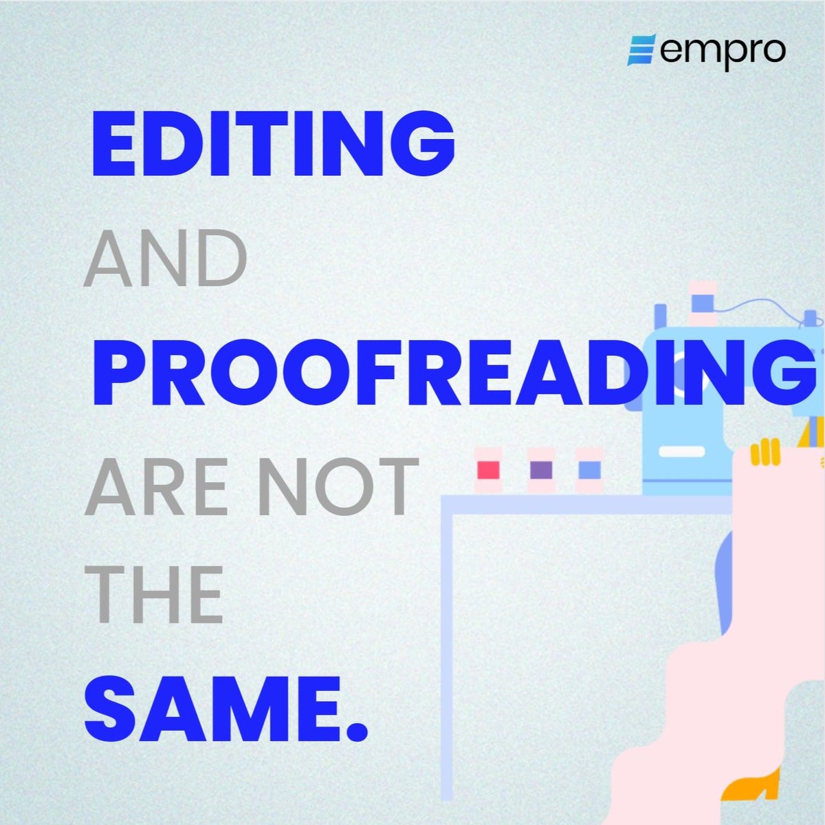 empro_hq's tweet image. Editing vs. Proofreading.

Do you know the difference between  editing and proofreading? Or the importance of these two concepts in the writing process?

Learn the difference between the two and contact us for your editing and proofreading projects.

#empro #editing #writer