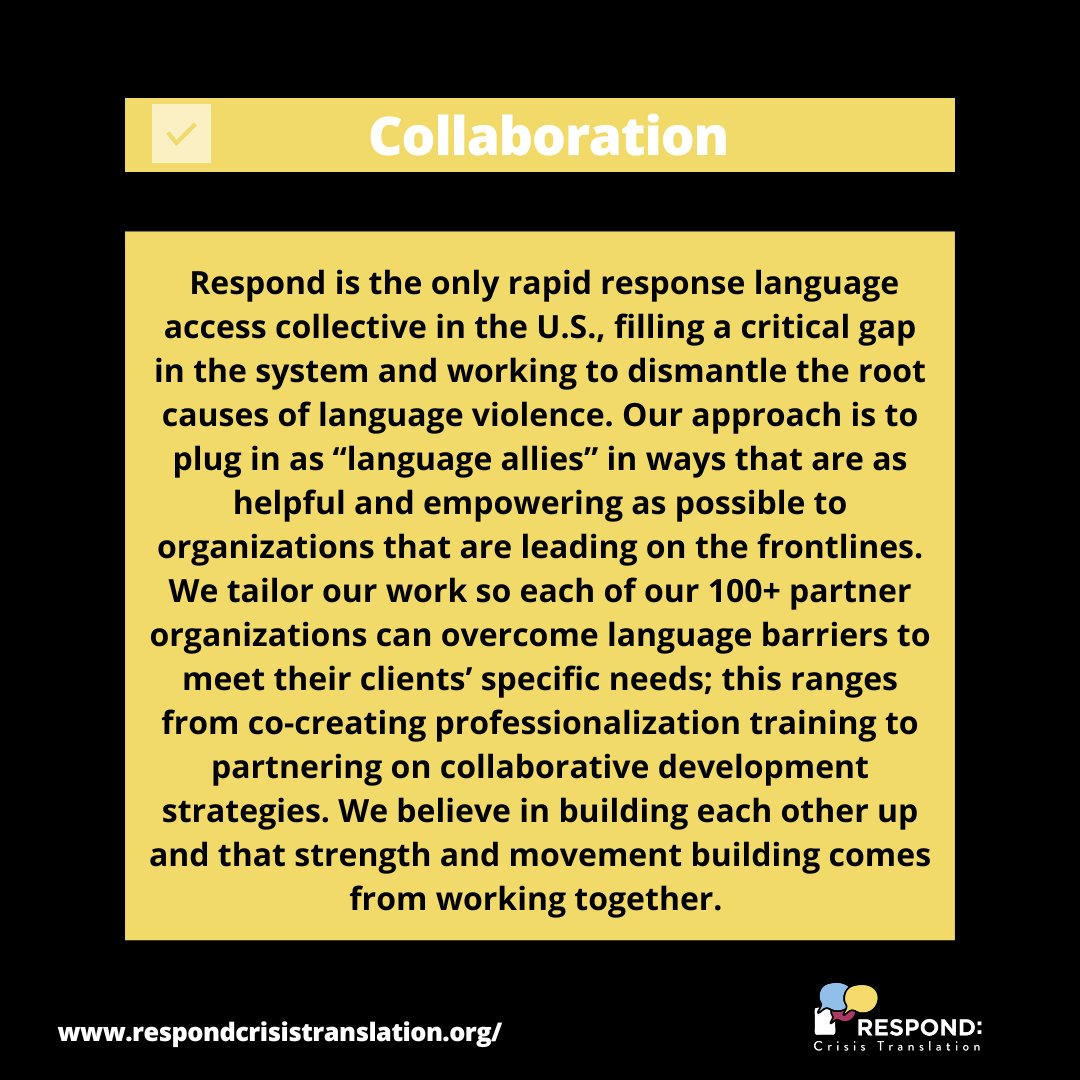 RespondCrisis's tweet image. 🧵Respond is the only rapid response language access collective in the U.S., filling a critical gap in the system and working to dismantle the root causes of #languageviolence