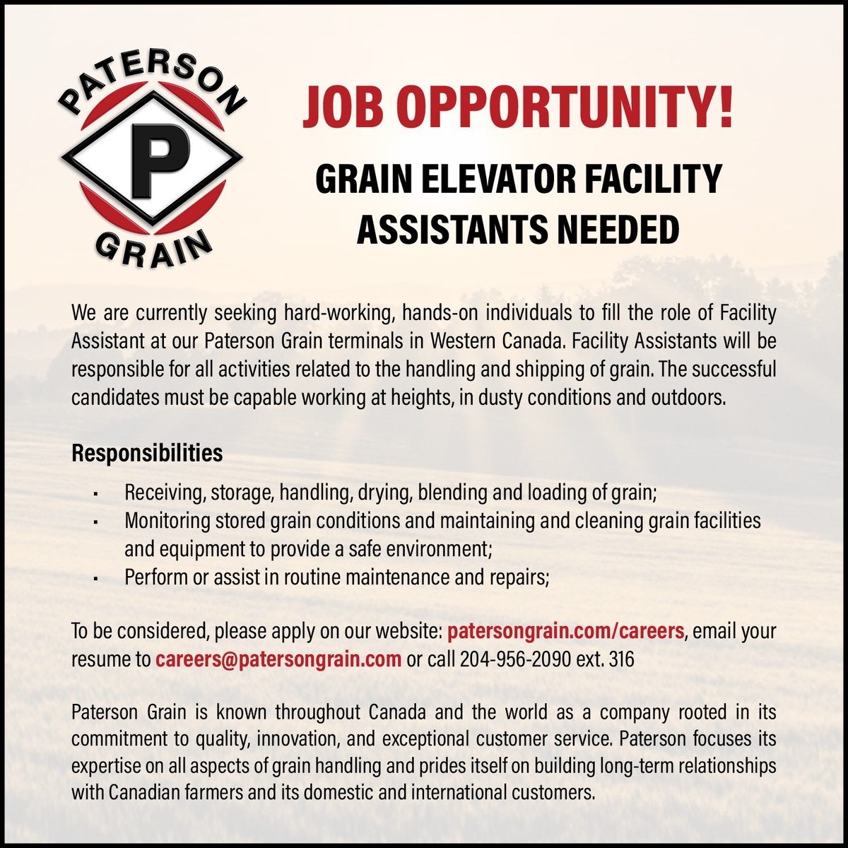PatersonGrain's tweet photo. We're hiring Grain Elevator Facility Assistants in several Western Canada terminals. Please visit https://t.co/1xSNvuY250 to apply or find out more! https://t.co/UCs2T2Ojd3