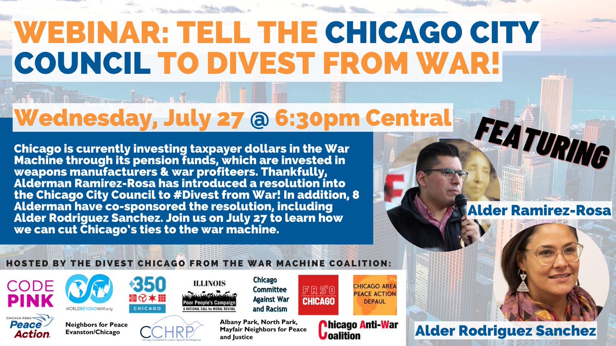DivestChicago's tweet image. You're invited 🥳 join the Divest Chicago coalition on July 27 for an exciting webinar on how we can cut Chicago’s ties to the war machine! RSVP: bit.ly/divestchicagoj…