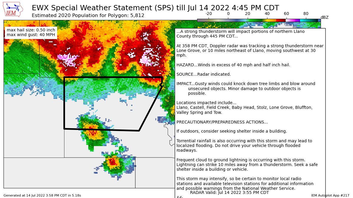 A strong thunderstorm will impact portions of northern Llano County through 445 PM CDT [wind: 40 MPH, hail: 0.50 IN] mesonet.agron.iastate.edu/p.php?pid=2022…