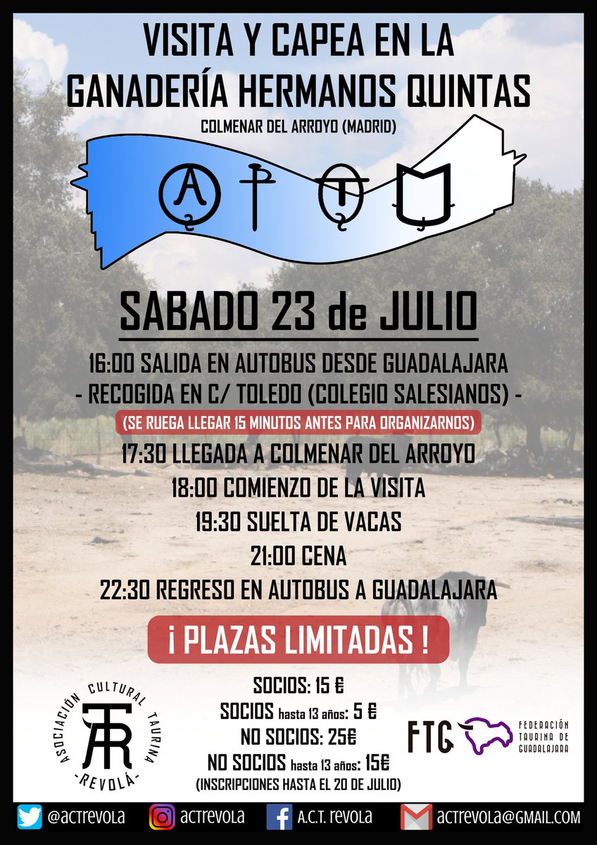 🔵 | VISITA Y CAPEA EN LA GANADERÍA HERMANOS QUINTAS

Os dejamos una de las actividades que más ilusión nos hace que consistirá en pasar una tarde de campo y toros de manos de la ganadería Hermanos Quintas, el próximo sábado 23 de julio.

¡PLAZAS LIMITADAS!¡ESCRÍBENOS Y APUNTATE!