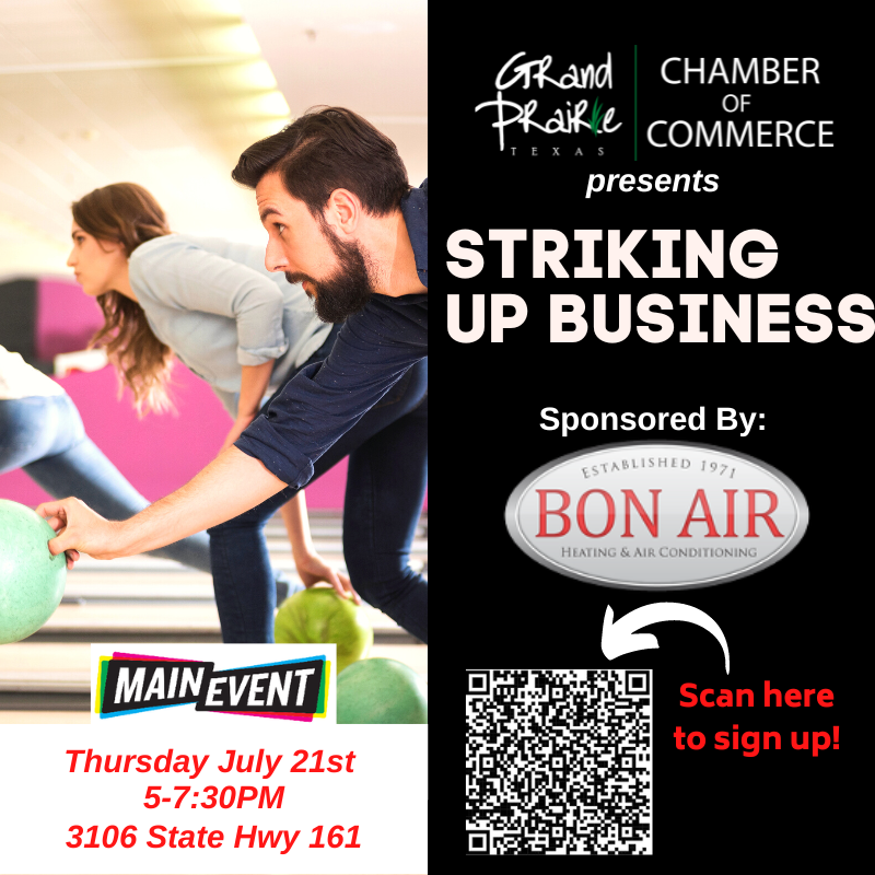 Time is running out to sign up for our Striking up Business at Main Event! This is happening next Thursday, July 21st from 5-7:30PM. Sign up today by clicking here: grandprairiechamber.org/events/details…