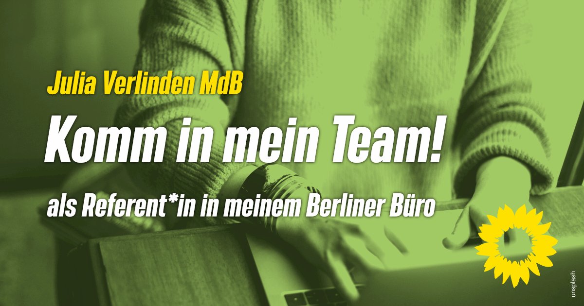 📢 Mein Team und ich suchen Verstärkung in Berlin mit Erfahrung in Presse- &amp; Öffentlichkeitsarbeit sowie politischer Strategie. 💪🌻

🌎🔥 Arten- &amp; Klimakrise warten nicht, also mailt schnell Eure Bewerbung rüber.

👇 julia-verlinden.de/komm-in-mein-t…

#GrüneJobs #ArbeitenImBundestag
