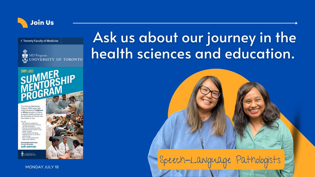 TCDSBSpeechLang's tweet photo. Hey @TCDSB high school students, looking forward to seeing you @uoftmedicine @slpuoft #SummerMentorshipProgram on Monday.
Students of Black and Indigenous ancestry remain underrepresented in the health sciences. Join Andrea and Marissa as we share our journey. @Equity_TCDSB https://t.co/eK7FSKYMbn