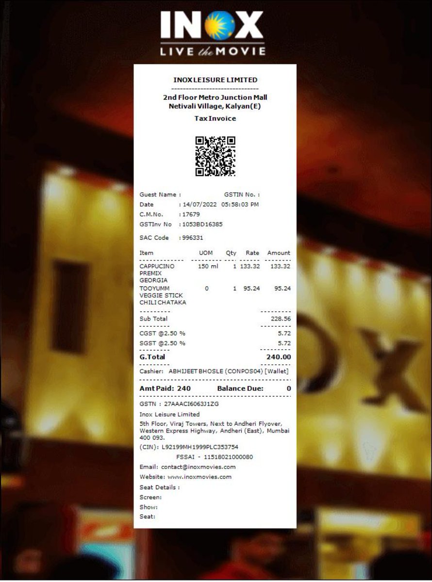 Hemanthharikum4's tweet photo. I oder a coffee and Chips from INOX after i see the bill 🥲 80% tax what the hell is this on that price i can watch a movie again and again. My 240₹ 🥲 #KADUVA #stoprobbing #inox #inflation #ไบร์ทวิน https://t.co/s2tef40W9N