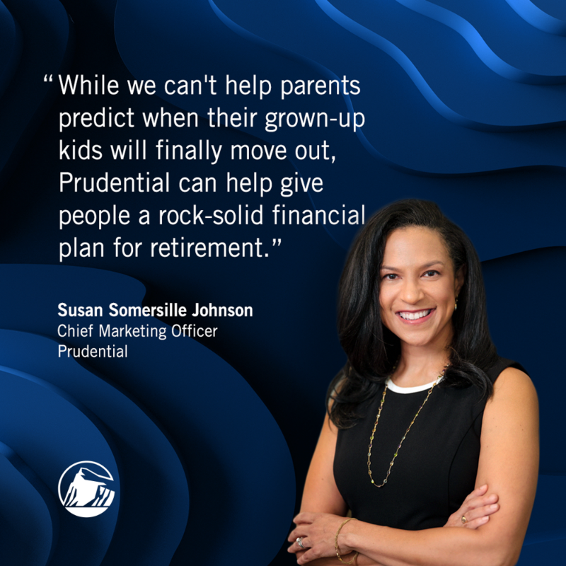 Prudential's tweet photo. With 58% of young adults now living with their parents, retirement plans are in flux. Prudential’s new “Who’s Your Rock” TV ad focuses on this reality — and how our seasoned guidance and rock solid financial products can help preserve retirement dreams, no matter who’s at home.