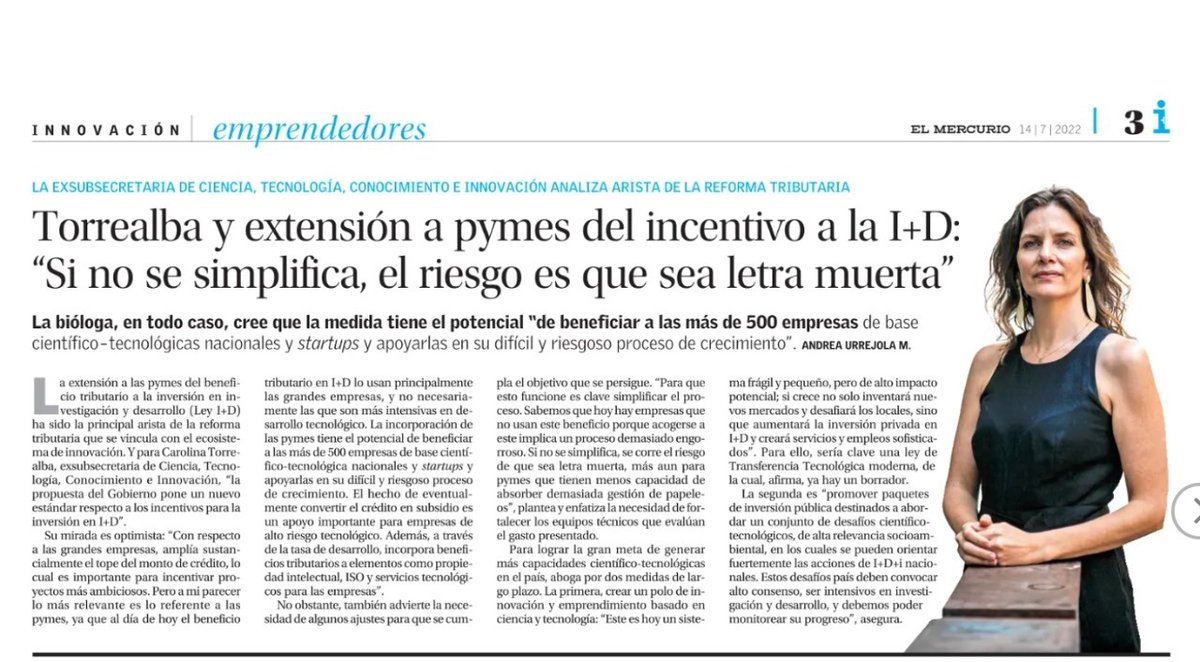 ctorrear's tweet photo. La propuesta de reforma tributaria del gobierno pondría a Chile en un buen estándar en materia de incentivos a la I+D. Esperemos que avance y que se tomen los resguardos para que su  implementación logre potenciar la innovación y las empresas de base científico- tecnológicas. https://t.co/3GTFskq1YA