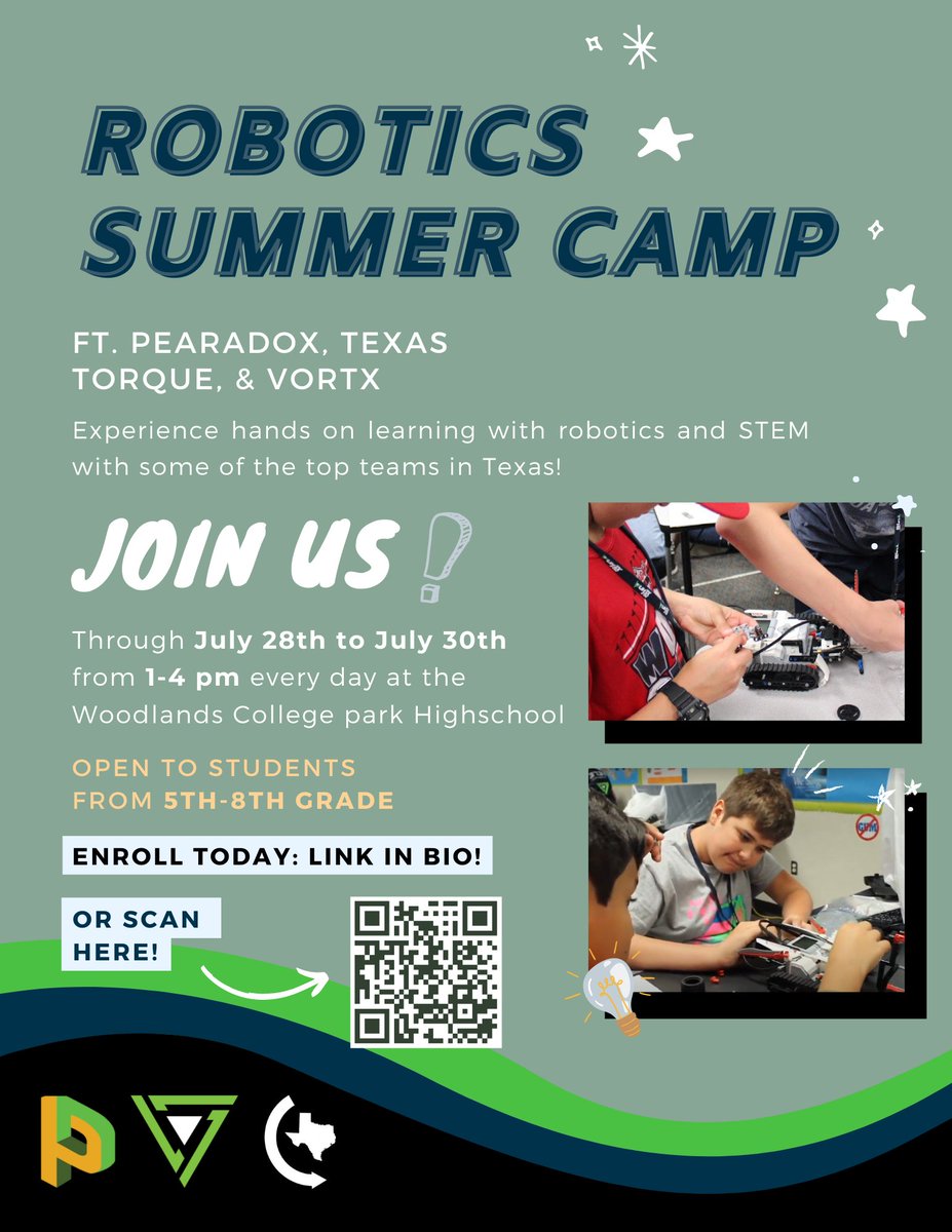 For our 2022 summer camp, we will be partnering with <a href="/TexasTorque/">Texas Torque</a> &amp; <a href="/FRC5414/">Pearadox Robotics</a> to teach robotics &amp; STEM to grades 5th-8th! The camp will be from 1-4 pm everyday from July 28-July 30 and be free of charge.💚
Register here:
forms.gle/dNXKvuSsMTWSH1…