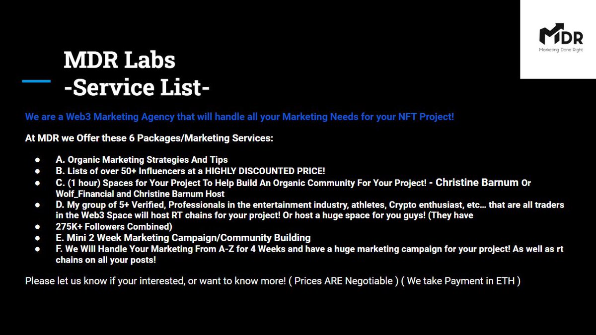 MDR_Labs's tweet image. Want to get your NFT Project/Web3 Business in front of a larger audience of organic people? 

-MDR offers hosted scheduled spaces from the best seasoned hosts!
- We❤️helping projects out and have a proven track record! 
- We also run big marketing campaigns! 
🤝DM if Interested🤝