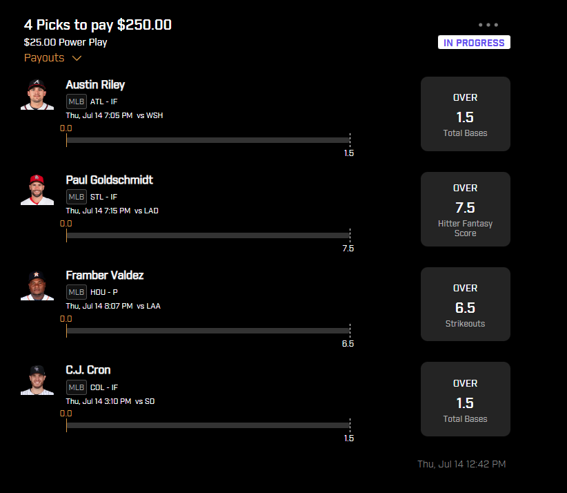 Chedzz's tweet photo. No MLS but the Prize Picks must go on! Here is my MLB entry for today. 

PrizePicks has upped their game and added 2 more sports and continues to add. Join now and use the promo code as a deposit bonus. 

Oh and if this hits, Ill giveaway 100% of winnings.

#MLPicks #DFS https://t.co/2QkXBmhgL8