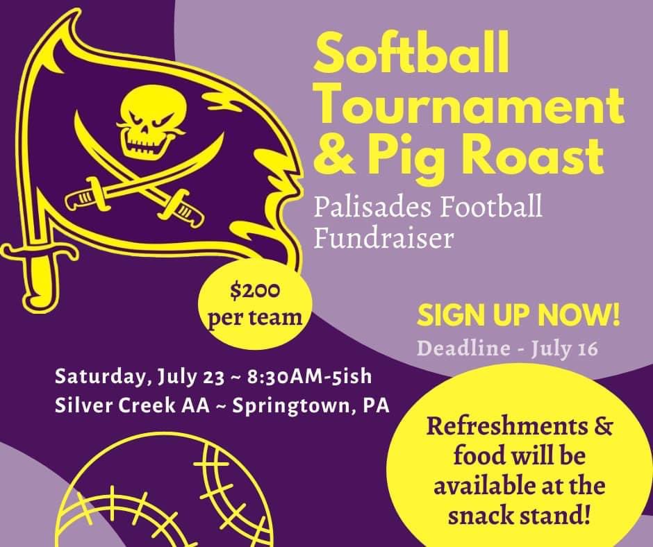 Pirates_FB's tweet photo. Softball Tournament &amp; Pig Roast fundraiser 💜 Saturday, July 23 at Silver Creek AA 🥎 Get your team together for a fun filled day of softball! 🏴‍☠️ 💛 Food, refreshments, raffle baskets, 50/50 and more. https://t.co/h3fdM7pYPc