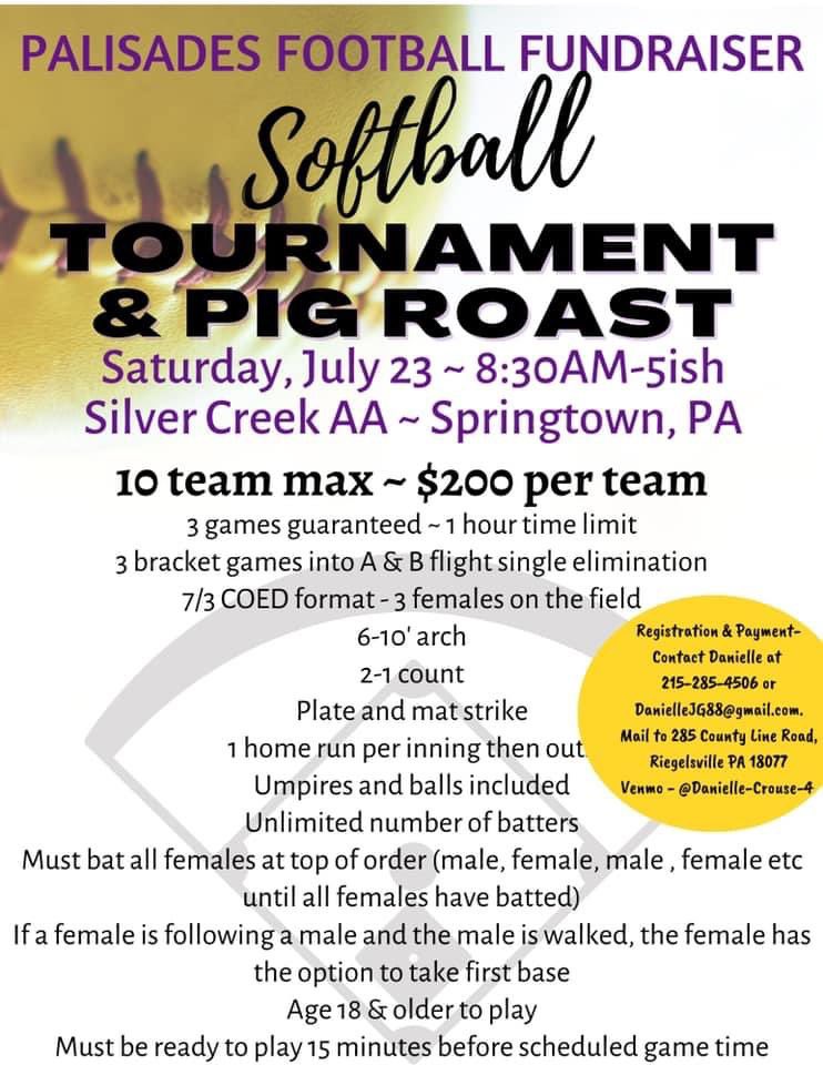 Pirates_FB's tweet photo. Softball Tournament &amp; Pig Roast fundraiser 💜 Saturday, July 23 at Silver Creek AA 🥎 Get your team together for a fun filled day of softball! 🏴‍☠️ 💛 Food, refreshments, raffle baskets, 50/50 and more. https://t.co/h3fdM7pYPc