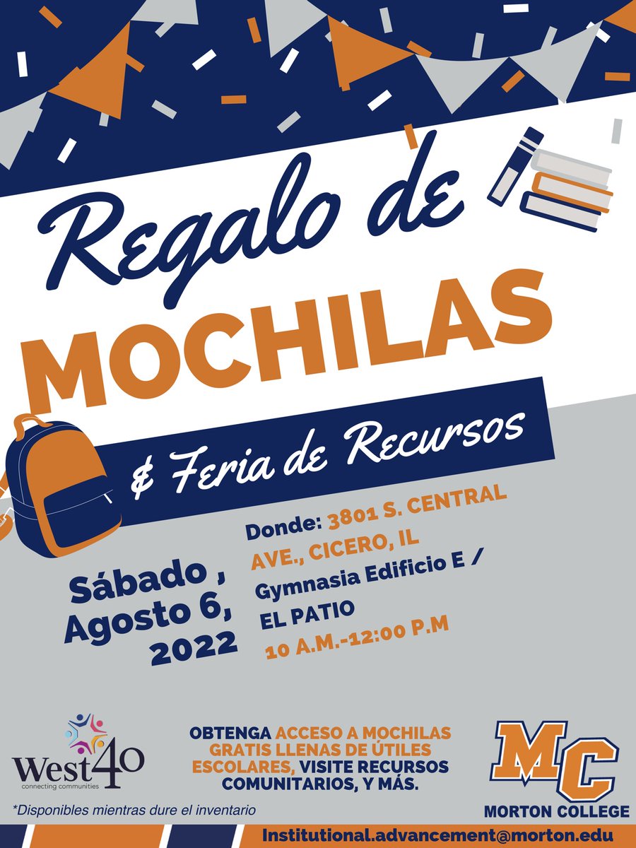 In need of school supplies?

The <a href="/west40ISC/">West 40</a>  Backpack Giveaway is coming up August 6th at Morton College! 

From 10 AM - 12 PM, families that attend will be able to take backpacks with school supplies for free, as well as connect with various community resources and agencies!