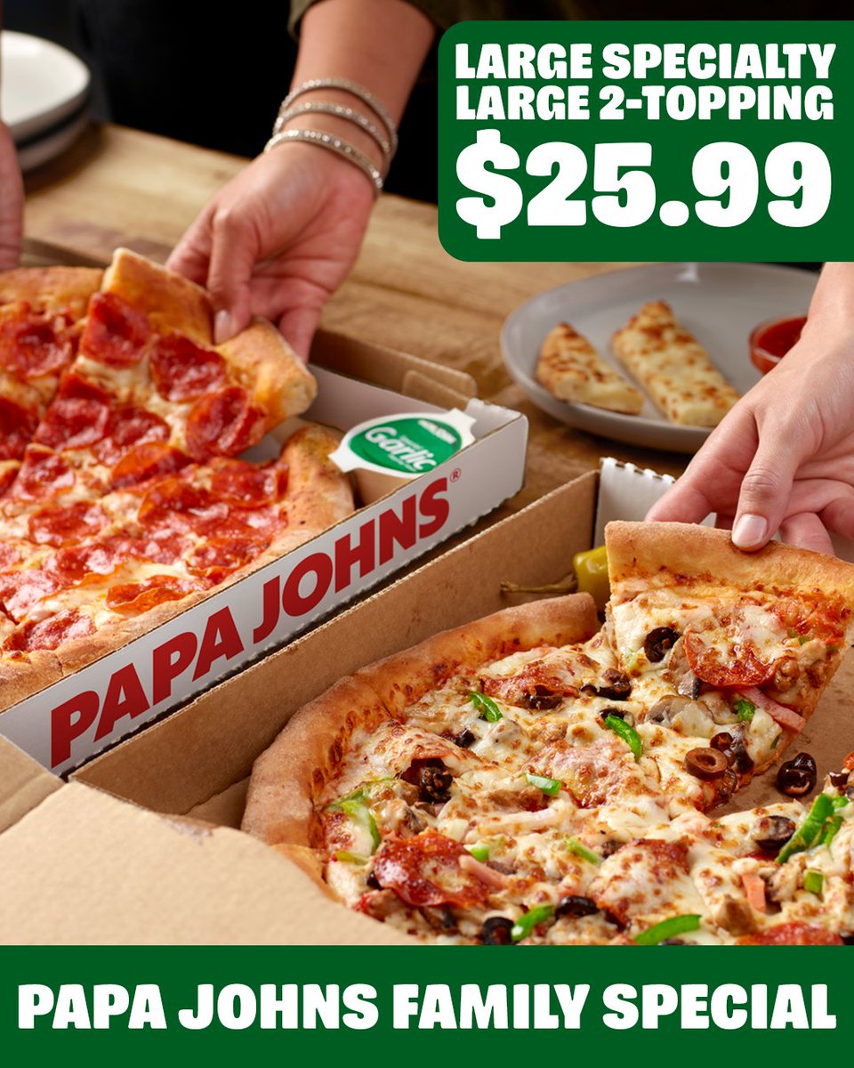 We've Got Pizza Night Covered With The Papa Johns Family Special!

Order a large specialty and a large 2-topping pizza today for just $25.99 when you use online code: FAMILY

#BetterIngredientsBetterPizza

#PapaJohnsofCentralOhio #PapaJohnsPizza