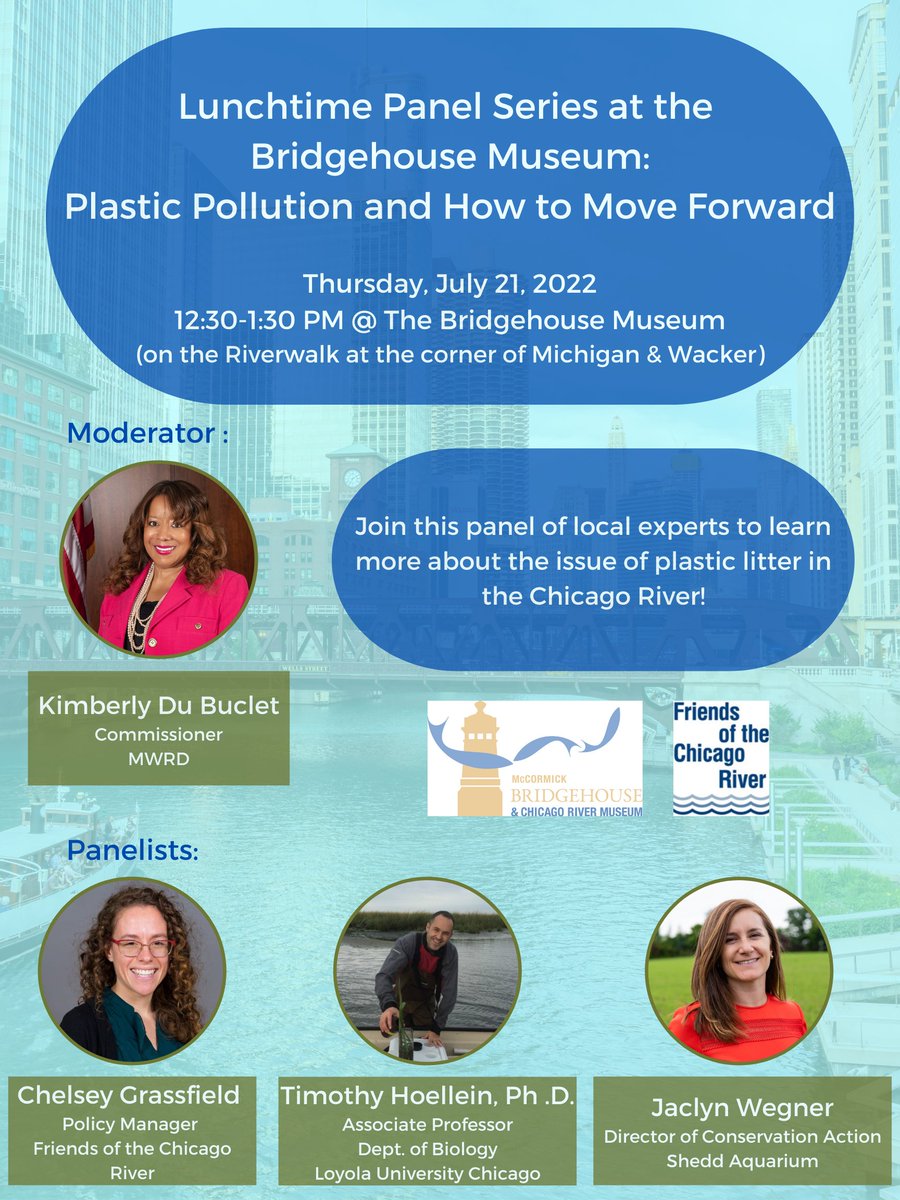 Bridgehouse Museum (@bridgehousemuse) on Twitter photo Thurs 7/21 from 12:30-1:30pm we will be hosting a free Panel Discussion on our plaza about plastic pollution. Joining the discussion is <a href="/MWRDGC/">MWRD</a> Commissioner Kimberly Du Buclet as moderator. Panel consists of <a href="/LoyolaChicago/">Loyola University Chicago</a> <a href="/shedd_aquarium/">Shedd Aquarium</a> and <a href="/chicagoriver/">Friends of the Chicago River</a> experts! Join us! Thurs 7/21 from 12:30-1:30pm we will be hosting a free Panel Discussion on our plaza about plastic pollution. Joining the discussion is <a href="/MWRDGC/">MWRD</a> Commissioner Kimberly Du Buclet as moderator. Panel consists of <a href="/LoyolaChicago/">Loyola University Chicago</a> <a href="/shedd_aquarium/">Shedd Aquarium</a> and <a href="/chicagoriver/">Friends of the Chicago River</a> experts! Join us!