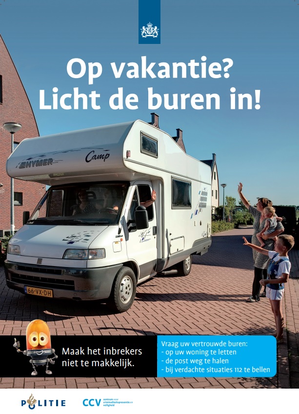 Op #vakantie? Vraag uw buren een oogje in het zeil te houden en bijv. hun auto voor uw huis te zetten en de post weg te halen. Bel bij een verdachte situatie altijd de politie bellen via 112. politie.nl/onderwerpen/wo…