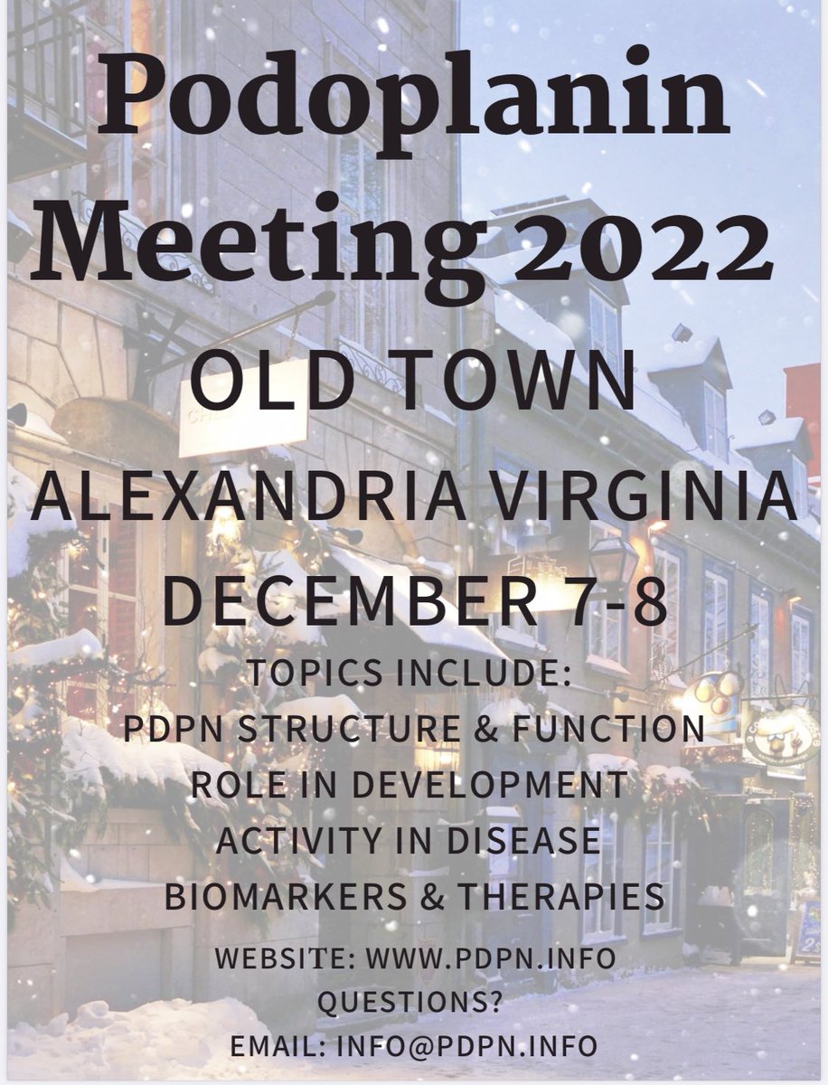 Podoplanin meeting is back! The 2022 International PDPN Meeting will be held on December 7-8 on in Oldtown Alexandria, VA. Travel tip: You can combine your travel with the ASCB/EMBO meeting (December 3-7 in Washington D.C.) and/or the ASH meeting on December 10-13 (New Orleans)