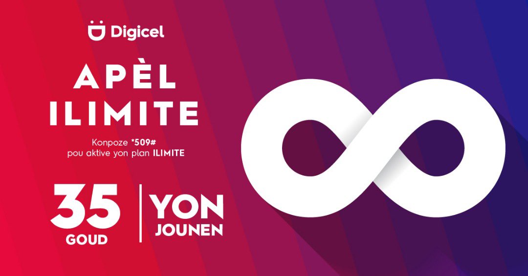 DigicelHT's tweet photo. Plan apèl #ILIMITE nou yo se yo ki pi bon sou mache a e nou gen youn pou TOUT MOUN. Ak plan #ILIMITE 35 Goud la ou ka fè apèl Digi-Digi pandan tout yon jounen. Konpoze *509# ale sou Pale #ILIMITE epi chwazi plan #ILIMITE ou vle aktive a epi pale pale w. https://t.co/I1Vbd6iHPu