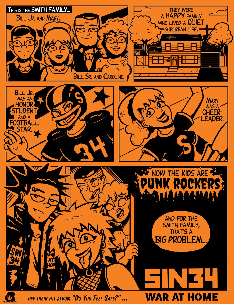 TheCittiverse's tweet photo. I haven't done a full-fledged comic page in ages, so I made a comic version of the intro to SIN 34's "War at Home" and took some color palette inspiration from the album cover.

#punkrock #sin34 #hardcorepunk https://t.co/sehaRs76Ty