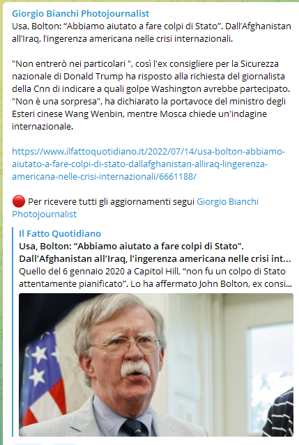 angel_nowar's tweet photo. Usa, Bolton: “Abbiamo aiutato a fare colpi di Stato”. Dall’Afghanistan all’Iraq, l’ingerenza americana nelle crisi internazionali."Non entrerò nei particolari ", così l'ex consigliere per la Sicurezza nazionale di Donald Trump ha risposto alla richiesta del giornalista della Cnn https://t.co/ZOcofUEMSO