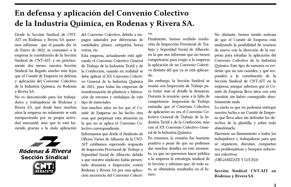 En defensa y aplicación del Convenio Colectivo de la Industria Química 🏭 Sección sindical CNT AIT en Rodenas y Rivera SA. 

Del periódico Fragua Social Nº22 📰 Sexta época 🟢⚫️ <a href="/cntait_levante/">Regional CNT AIT Levante</a>  🫒