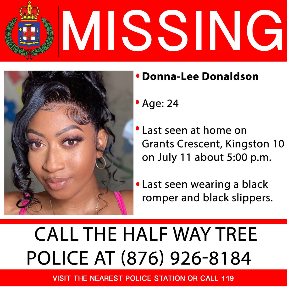 JamaicaConstab's tweet photo. Have you seen Donna-Lee Donalsdon? If so, call the number listed or the nearest police station. https://t.co/HY9v79tNoD