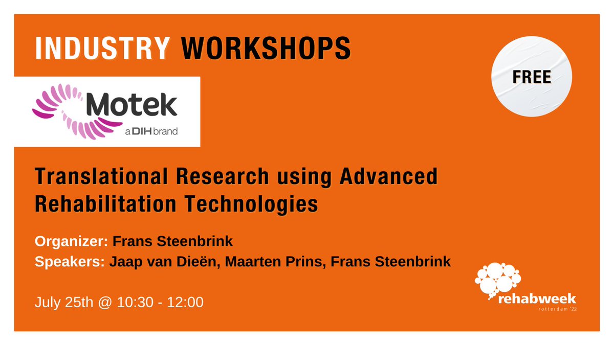 🔎The goal of this #RehabWeek2022 industry workshop by <a href="/MotekMedical/">Motek Medical B.V.</a>; is to discuss translational research in the field, and to translate basic scientific outcomes and results more quickly and efficiently into clinical practice.

View all workshops👇
bit.ly/37mx41o