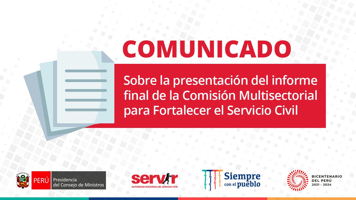 📝#Comunicado | La Autoridad Nacional del Servicio Civil - SERVIR cumple con hacer de conocimiento que las recomendaciones brindadas por la Comisión se encuentran en la línea del trabajo que realizamos y que confiamos se aceleren con el apoyo político al más alto nivel. (1/3)