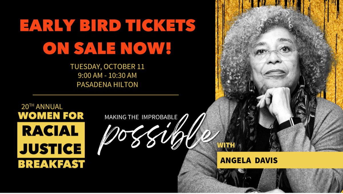 Our Women for Racial Justice Breakfast is back in-person this year! GET YOUR EARLY BIRD TIX TODAY and be in the room on Oct. 11 when keynote Angela Davis will inspire, motivate, and empower us all. #improbablepossible #racialjustice #womenempowerment l8r.it/etsO