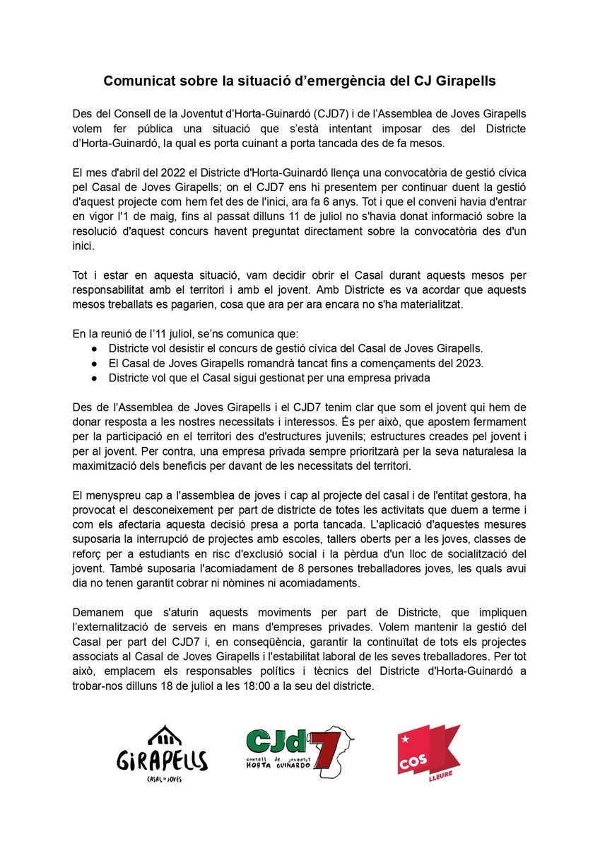 ⚠️ COMUNICAT SOBRE LA SITUACIÓ D'EMERGÈNCIA DEL CASAL DE JOVES GIRAPELLS ⚠️

Tingueu-ho clar, les joves defensarem els nostres espais 👊🔥