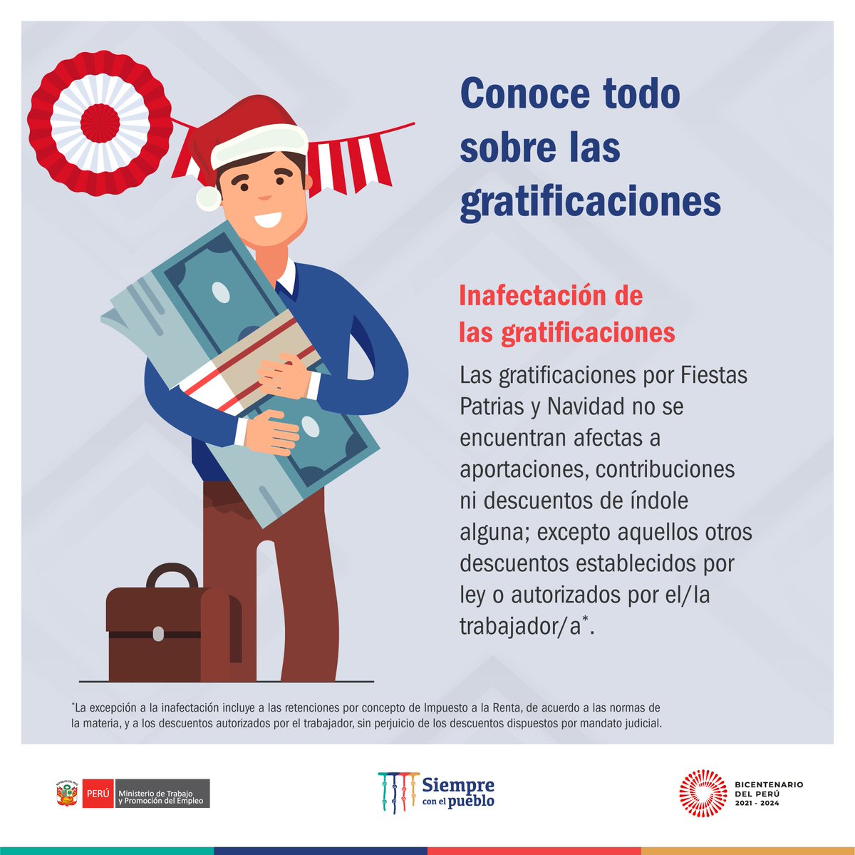 💼💰 En el sector privado, las #gratificaciones se entregan con motivo de Fiestas Patrias 🇵🇪 y Navidad 🎄, sea cual fuere la modalidad del contrato de trabajo y el tiempo de prestación de servicios del trabajador.