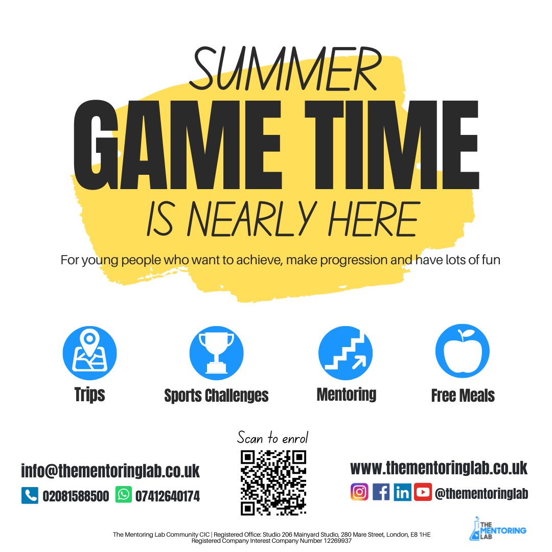 TheMentoringLab's tweet image. Summer Game Time is nearly here. 

Dates: Starts from 26th July 2022
Times: 11am - 3pm
Ages: 6- 16 years old
(Lunch will be provided)

#thementoringlab #summergametime #youthactivities #sportgames #creativeprojects