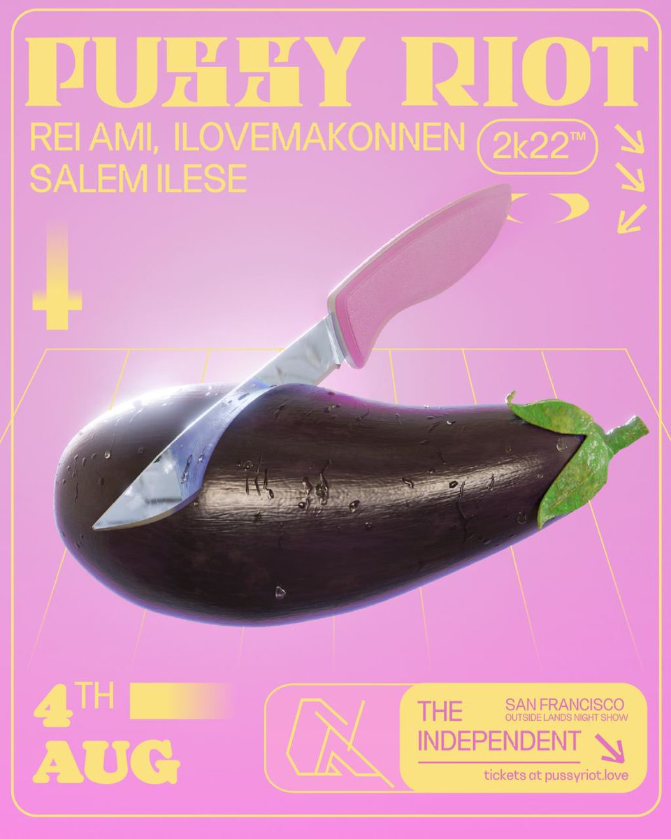 pussyrrriot's tweet photo. 🔪🍆💦 debuting the new Pussy Riot's MATRIARCHY NOW live show

4 aug - SAN FRANCISCO @IndySF + @SFOutsideLands 
10 aug - LA @ElReyTheatre

with our feminist army @reiamimami @salemilese @iLoveMakonnen5D 🪄🏴‍☠️

tickets: https://t.co/xJznBeqc9s https://t.co/kkNHUp8pF5