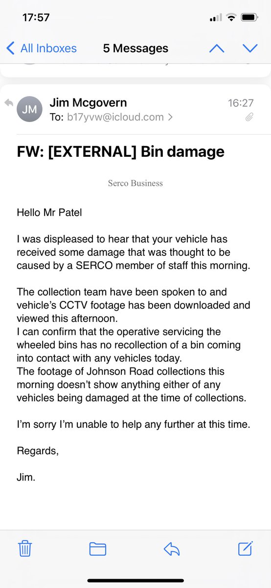 b17yvw's tweet photo. They have replied back saying the below. Had the person who took my bin out it back in the place I left it then my car would not of got damaged I have replied back but as it’s close I’d say won’t get a response back until tomorrow https://t.co/39F1a2h4lS