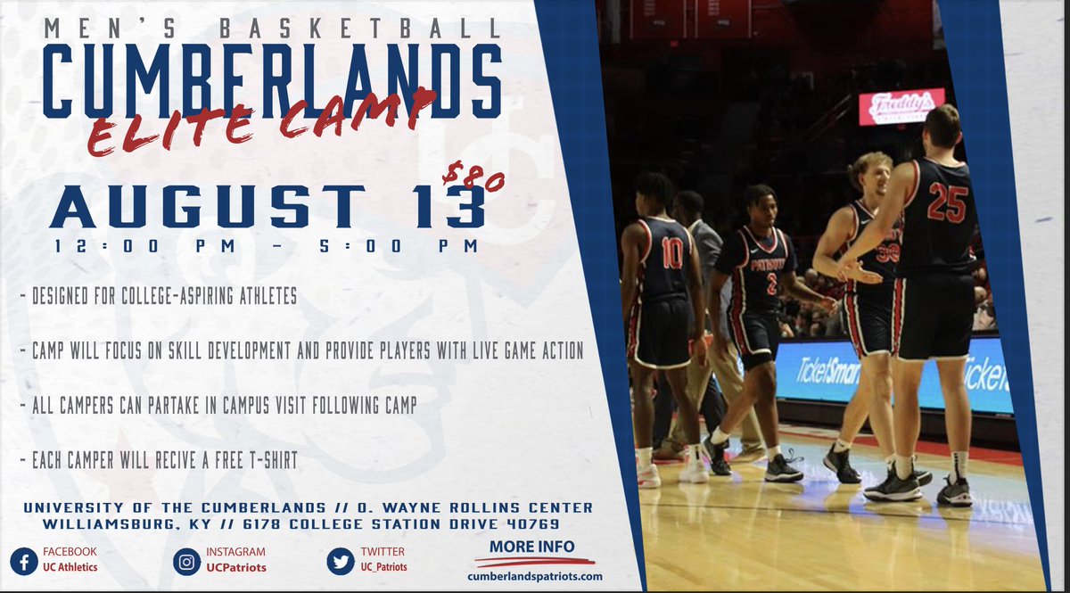 🚨 Cumberlands Basketball Elite Camp
⛹️ Players in class of 2023,'24,'25,'26 welcome
📅 August 13, 2022 from 12-5 pm

Spots are limited. For questions or to reserve your spot, email Parker.lovett@ucumberlands.edu