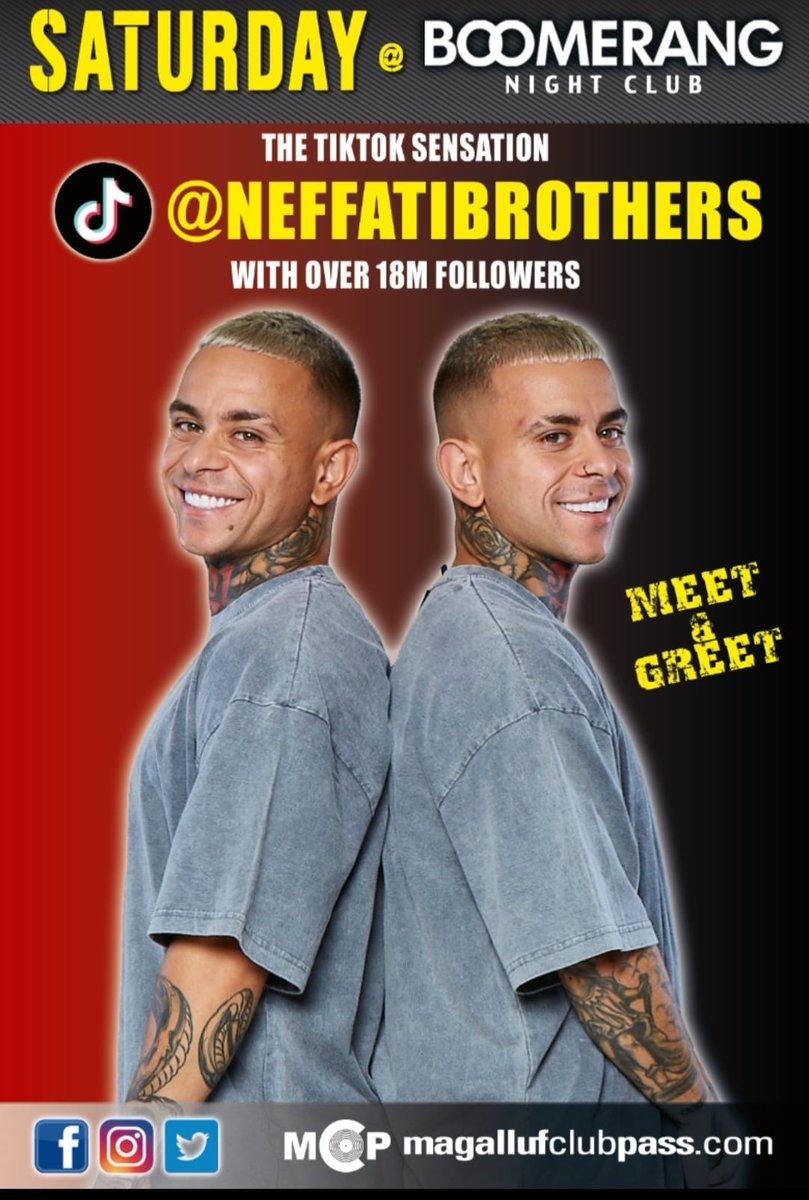 MagaClubPass's tweet photo. Magalluf Club Pass are pleased to announce that on Saturday 16th July we will be joined by the TikTok sensations that are the Nefatti Brothers @neffatibrothers , Jamil &amp; Jamel will be joining us for a personal meet &amp; greet @ Boomerang Nightclub.

https://t.co/ctNgFv7aXG https://t.co/r8CtzQk9ou