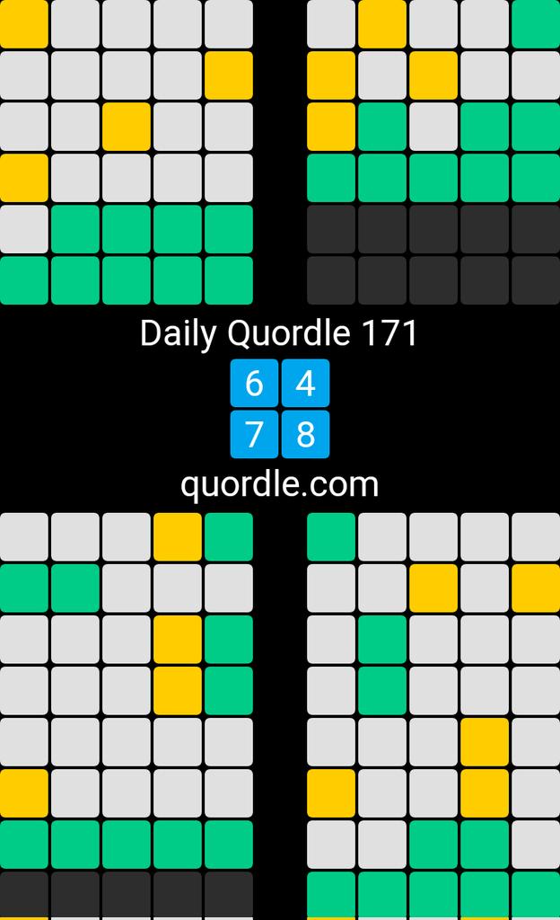 Eva_oder's tweet image. Daily Quordle 171
6️⃣4️⃣
7️⃣8️⃣
quordle.com