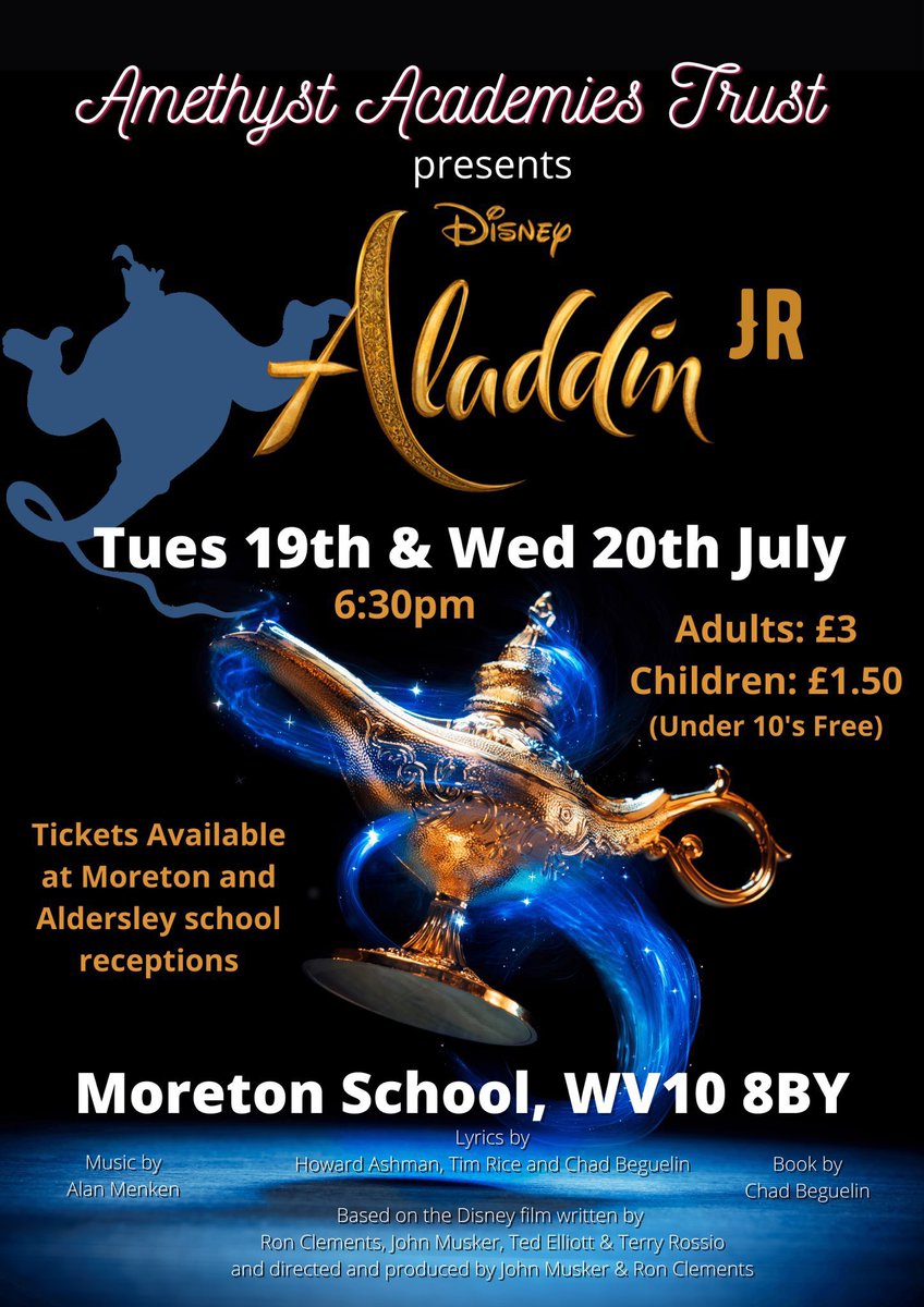 The <a href="/AmethystAcademy/">AmethystAcademy</a> are proud to present ALADDIN JR! This is going to be an incredible double evening. Tickets are on sale at both @MoretonSchool  and <a href="/AldersleyHighSc/">AldersleyHighSchool</a>. We have even borrowed some of that Genie Magic.    🧞‍♂️😉 🧞‍♂️